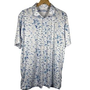 Robert Graham Mens XL Blue Fish Print Performance Polo Shirt Classic Fit White